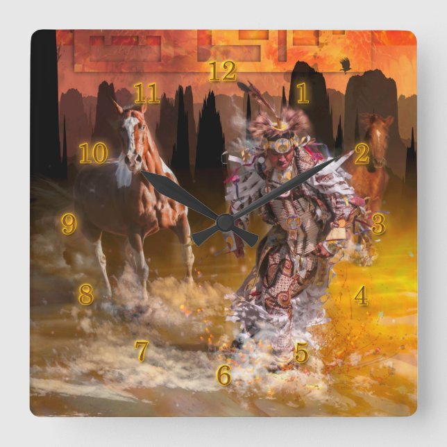 Native American Dancer ROLLING THUNDER Square Wall Clock (Front)