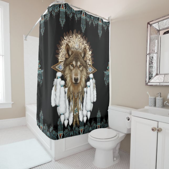 Native American Dreamcatcher Wolf 05 Shower Curtain (In Situ)
