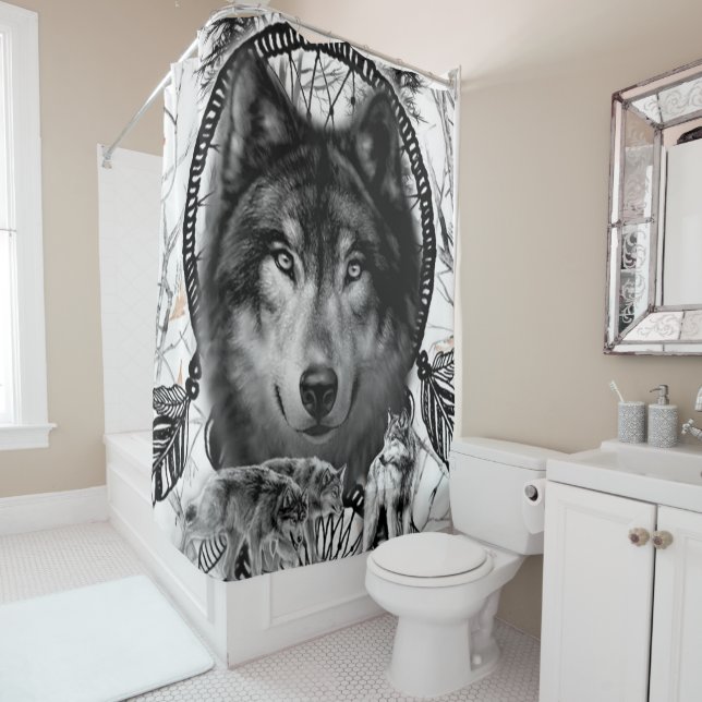 Native American Dreamcatcher Wolf Shower Curtain (In Situ)