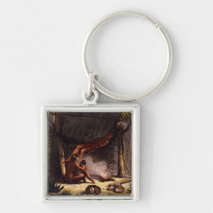 Native American Family under a Leaf Shelter (colou Key Ring