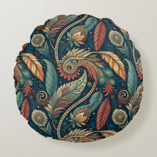 Native American Feather Swirl Terra Cotta Teal Round Cushion