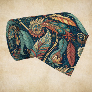 Native American Feather Swirl Terra Cotta Teal Tie