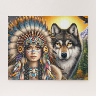 Native American Female With  Wolf Jigsaw Puzzle
