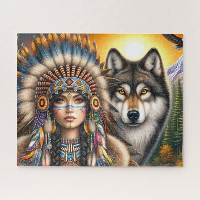 Native American Female With  Wolf Jigsaw Puzzle (Horizontal)