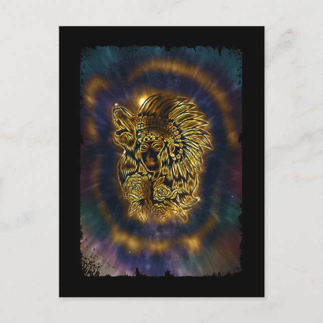 Native American Girl Galaxy Howling Wolf Postcard (Front)