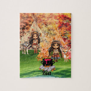 Native American girl with woodland animals Jigsaw Puzzle