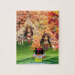 Native American girl with woodland animals Jigsaw Puzzle