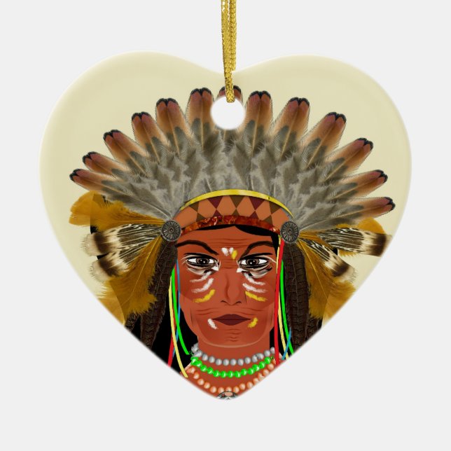 Native American Indian Chief Feather Headdress Ceramic Ornament (Front)