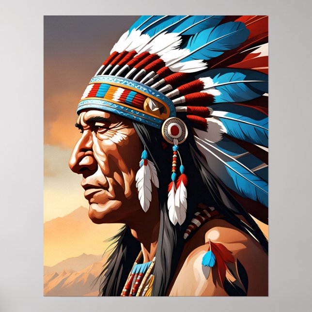 Native American Indian Chief Feather Headdress Poster (Front)