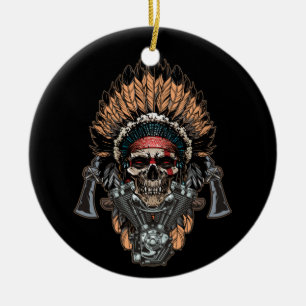Native American Indian Chief Skull Motorcycle Ceramic Ornament