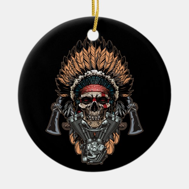 Native American Indian Chief Skull Motorcycle Ceramic Ornament (Front)