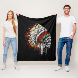Native American Indian Chief Skull Motorcycle Fleece Blanket