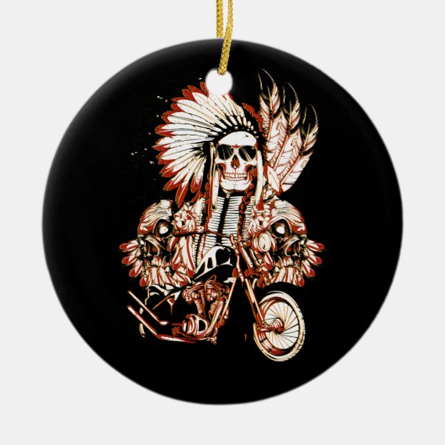 Native American Indian Chief Skull Motorcycle Head Ceramic Ornament (Front)