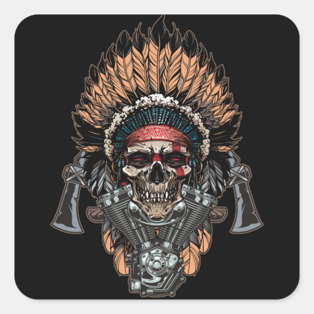 Native American Indian Chief Skull Motorcycle Square Sticker (Front)
