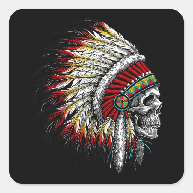 Native American Indian Chief Skull Motorcycle Square Sticker (Front)