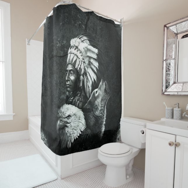 Native American Indian Chiefs Wolf Eagle 02 Shower Curtain (In Situ)