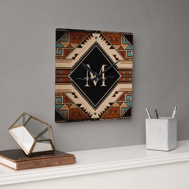 Native American Indian Culture Boho Style Monogram Square Wall Clock (Office)
