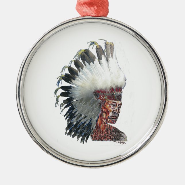 Native American Indian in Headdress Metal Tree Decoration (Front)
