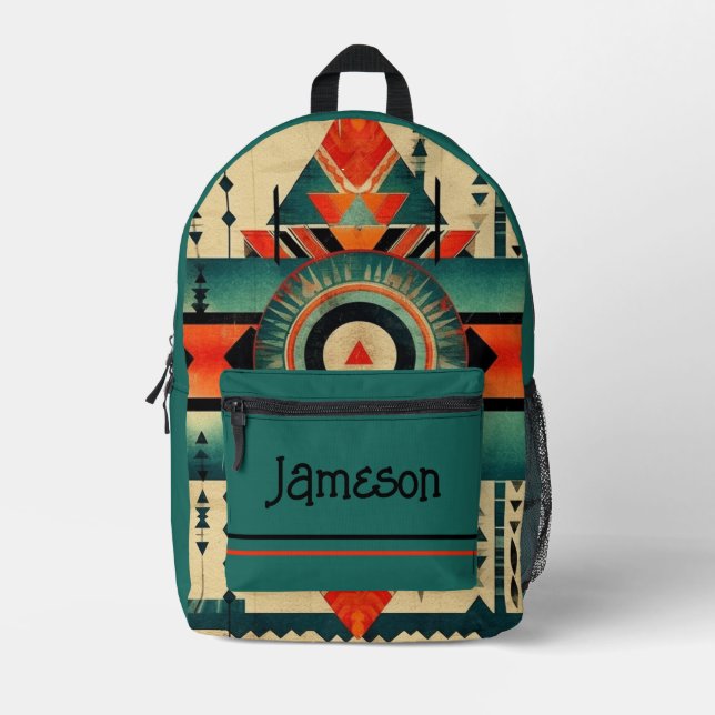 Native American Indian Print and Dark Teal Blue Printed Backpack (Front)