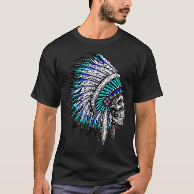 Native American Indian Skull Eagle Feather Headdre T-Shirt (Front)