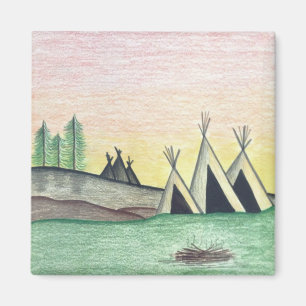Native American Indian Village Folk Art Magnet