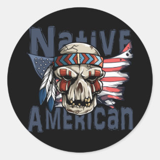 Native American Indian Warrior Skull USA Flag Classic Round Sticker