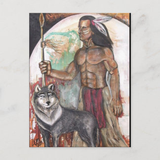 Native American Indian & Wolf Postcard