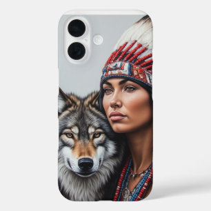 Native American Indian woman with wolf  iPhone 16 Case