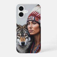 Native American Indian woman with wolf