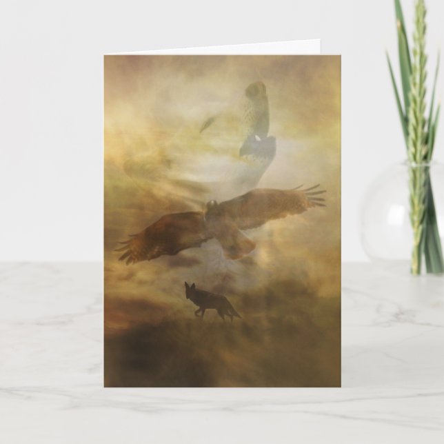 Native American Inspired Birthday Wolf and Hawk Holiday Card (Front)