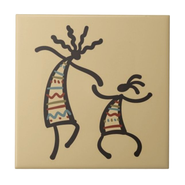 Native American Kokepelli Dancers Tan Ceramic Tile (Front)