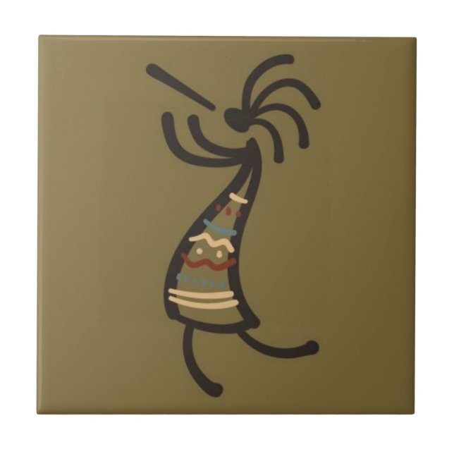 Native American Kokopelli Dancer Brown Green Ceramic Tile (Front)