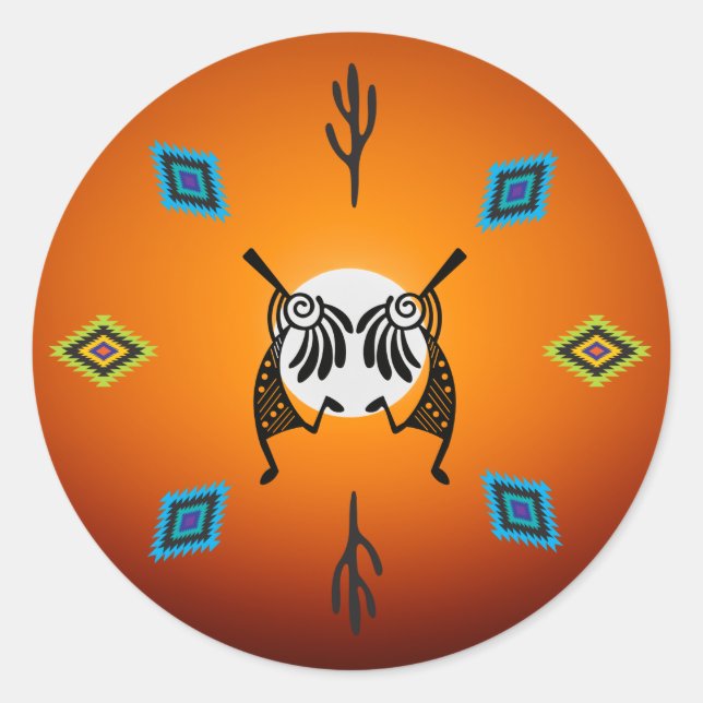 Native American Kokopelli Sun Southwestern  Classic Round Sticker (Front)