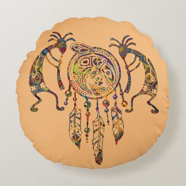 Native American Kokopelli Whale Dreamcatcher 2 Round Cushion (Front)
