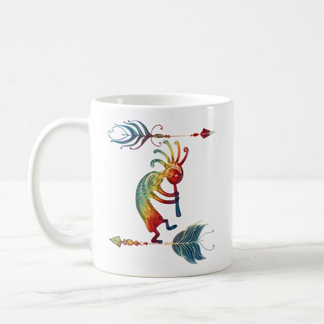 Native American Kokopelli With Two Feathers 1 Coffee Mug (Left)