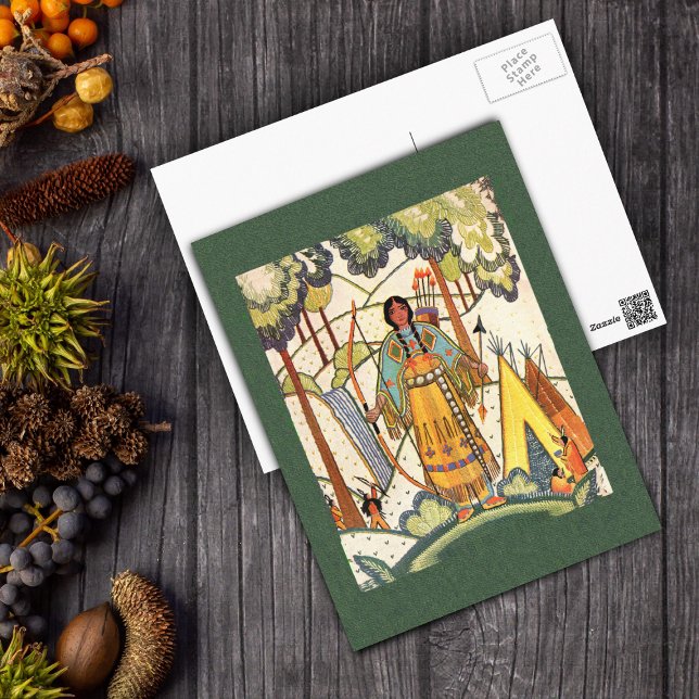 Native American Maiden PostCard (Native American woman traditional dress tee pee forest on green post card.)