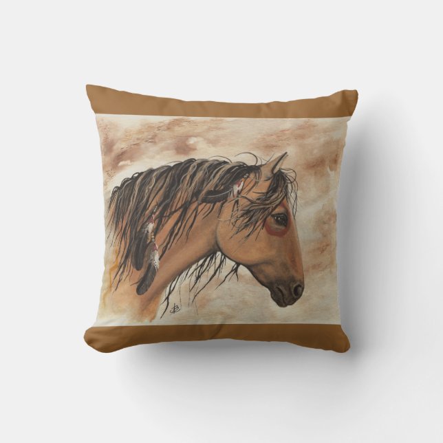 Native American Majestic MustangHorse Art byBiHrLe Cushion (Front)