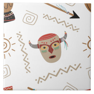 Native American Mask White Ceramic Tile