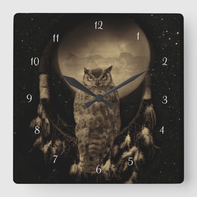 Native American Owl and Dream Catcher Square Wall Clock (Front)