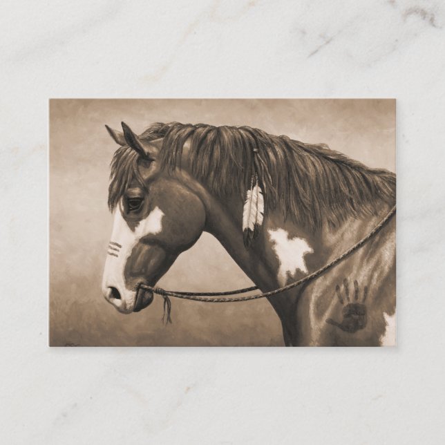 Native American Pinto War Horse in Sepia Business Card (Front)