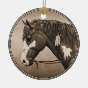 Native American Pinto War Horse in Sepia Ceramic Tree Decoration