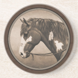 Native American Pinto War Horse in Sepia Coaster
