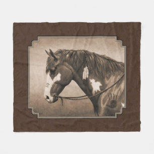Native American Pinto War Horse in Sepia Fleece Blanket