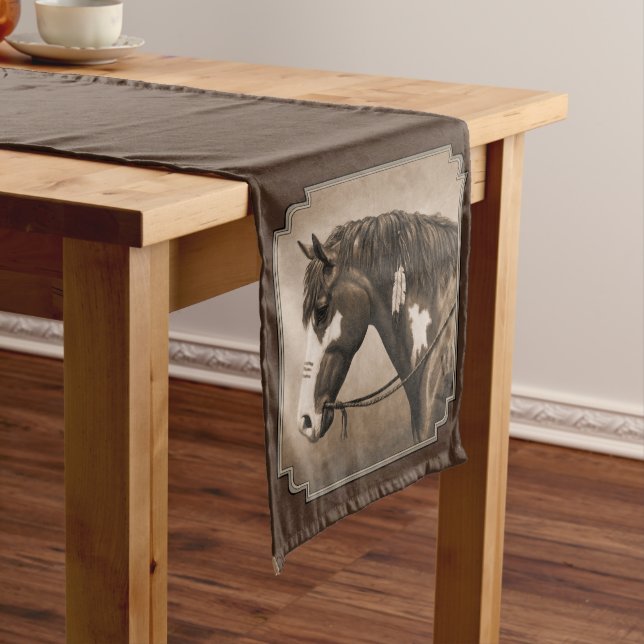 Native American Pinto War Horse in Sepia Medium Table Runner (In Situ)