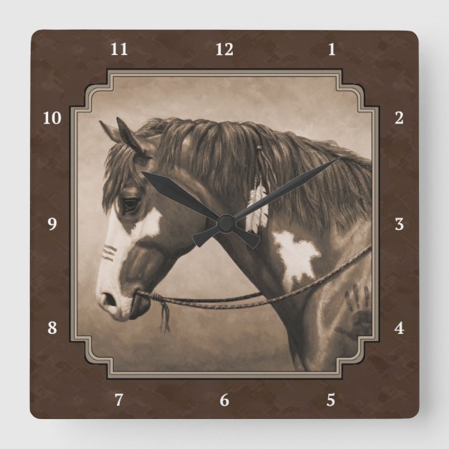 Native American Pinto War Horse in Sepia Square Wall Clock (Front)