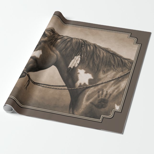 Native American Pinto War Horse in Sepia Wrapping Paper (Unrolled)