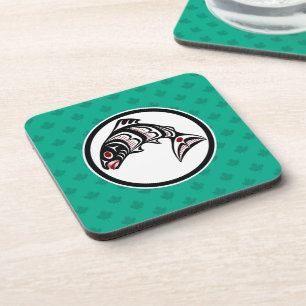 Native American Red Art Graphic Vector Salmon Coaster