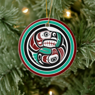 Native American Red Black Art Otter Salmon Ceramic Ornament