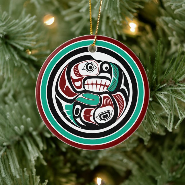 Native American Red Black Art Otter Salmon Ceramic Ornament (Tree)
