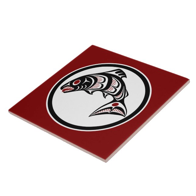 Native American Red Black Art Vector Salmon Ceramic Tile (Side)